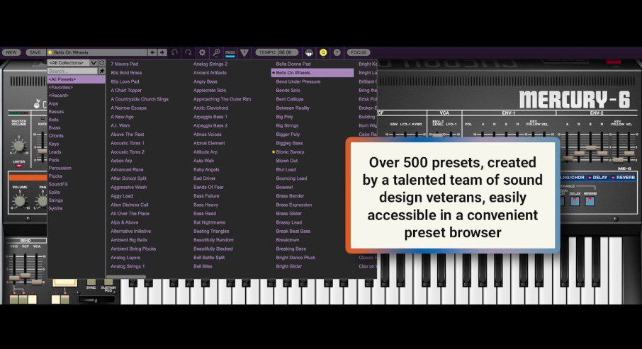 Più di 500 preset, creati da un talentuoso team di pionieri del sound design, accessibili facilmente in un comodo browser][didascalia: I preset di Mercury 6 
