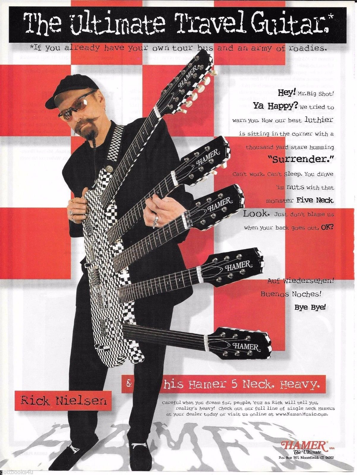 "La chitarra da viaggio definitiva" - Hamer chitarra a 5 manici, pubblicità cartacea del 1999