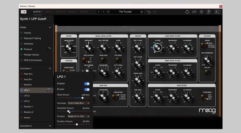 Opzioni di modulazione del Moog Mariana