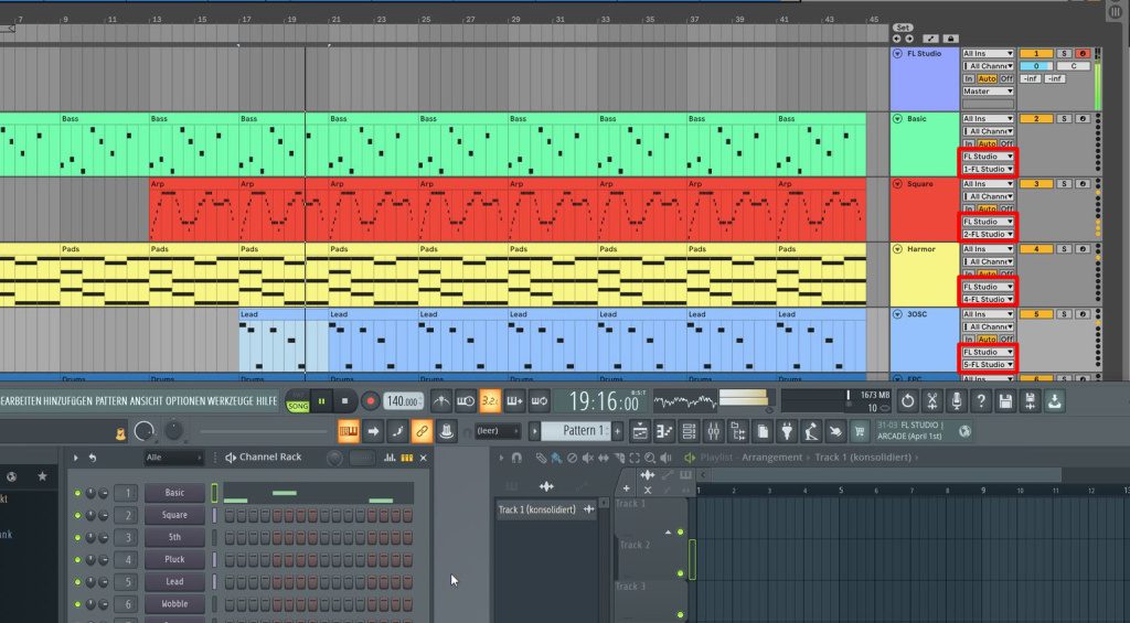 FL Studio in Ableton con i canali MIDI impostati (riquadri rossi a destra)