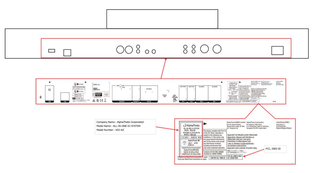 Immagine da un file PDF che mostra presumibilmente il retro del futuro AlphaTheta XDJ-A