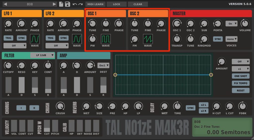 La sezione degli oscillatori sul TAL-NoiseMaker